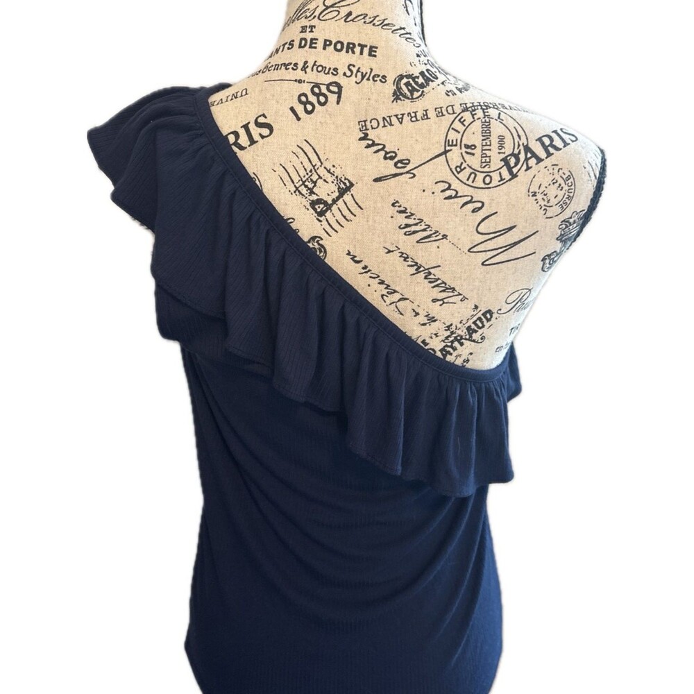LOFT Navy One-Shoulder Ruffle Crop Top - Picture 2 of 6